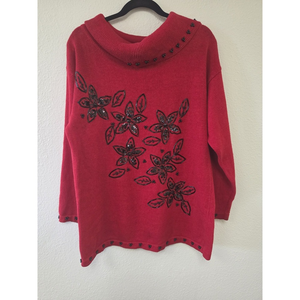 Victoria Jones S Red Beaded Floral Collared Long Sleeve Sweater Pullover Top VTG